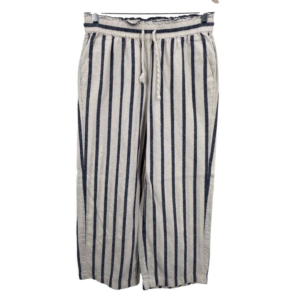 J.Crew Wide Leg Pants Women Size 6 Navy Cream Striped Linen Blend BG361